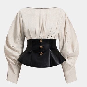 Linen Faux Leather Patchwork Long-Sleeve Shirt, size XL